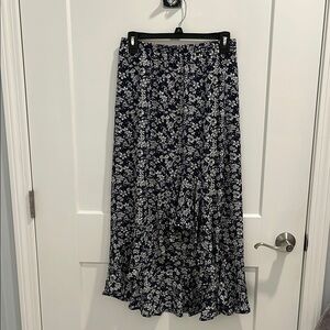 Floral White and Navy High-Low Maxi Skirt